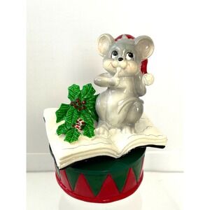 VINTAGE SANTA MOUSE on Book CHRISTMAS ROTATING MUSIC BOX See Description